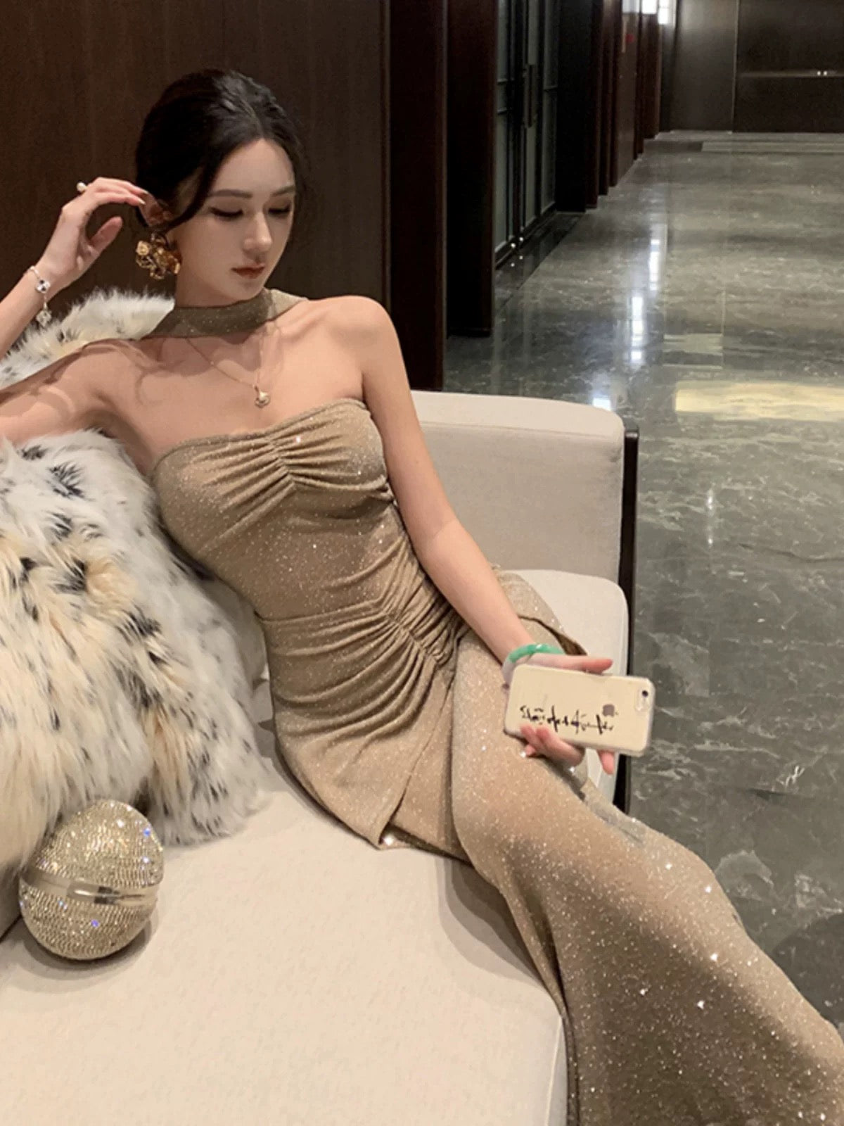 Mermaid Strapless Champagne Sequin 21st Birthday Elegant Outfit Spring Summer Beach Formal Wedding Guest Dresses N3977