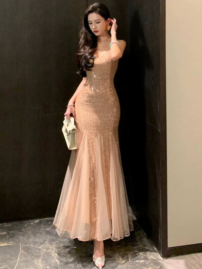 Mermaid Spaghetti Strap Champagne Sequin 21st Birthday Elegant Outfit Summer Beach Formal Wedding Guest Dresses N3978
