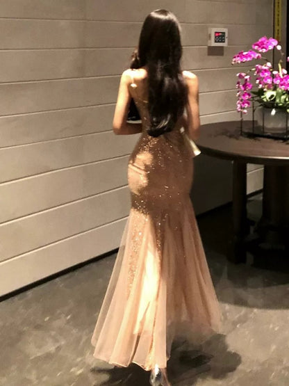 Mermaid Spaghetti Strap Champagne Sequin 21st Birthday Elegant Outfit Summer Beach Formal Wedding Guest Dresses N3978