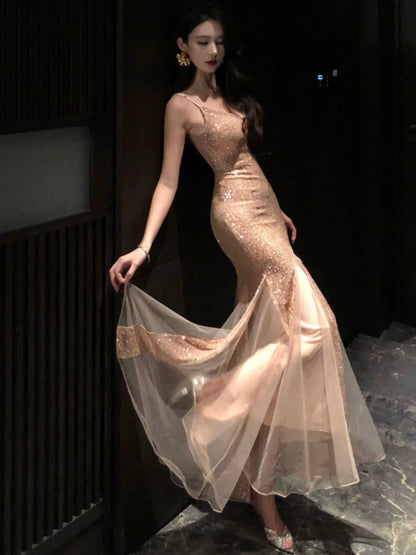 Mermaid Spaghetti Strap Champagne Sequin 21st Birthday Elegant Outfit Summer Beach Formal Wedding Guest Dresses N3978
