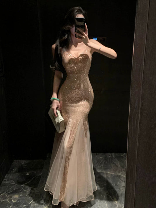 Mermaid Spaghetti Strap Champagne Sequin 21st Birthday Elegant Outfit Summer Beach Formal Wedding Guest Dresses N3978