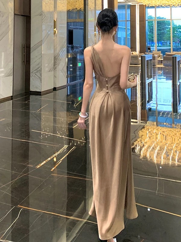 Sexy Prom Dresses Mermaid One Shoulder Champagne Satin With Pleated Formal Evening Dress N3980