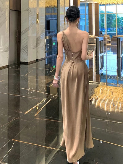 Sexy Prom Dresses Mermaid One Shoulder Champagne Satin With Pleated Formal Evening Dress N3980