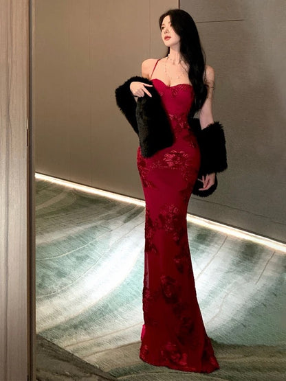 Sexy Mermaid Spaghetti Strap Burgundy Backless Lace 21st Birthday Elegant Outfit Summer Prom Dress Formal Wedding Guest Dresses N3981