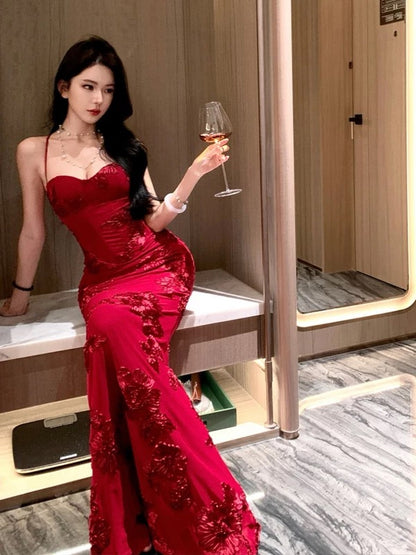Sexy Mermaid Spaghetti Strap Burgundy Backless Lace 21st Birthday Elegant Outfit Summer Prom Dress Formal Wedding Guest Dresses N3981