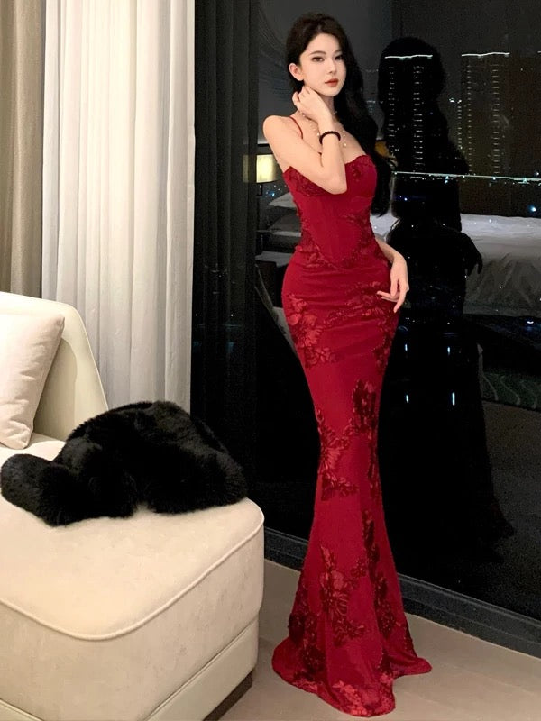 Sexy Mermaid Spaghetti Strap Burgundy Backless Lace 21st Birthday Elegant Outfit Summer Prom Dress Formal Wedding Guest Dresses N3981