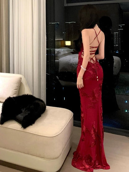Sexy Mermaid Spaghetti Strap Burgundy Backless Lace 21st Birthday Elegant Outfit Summer Prom Dress Formal Wedding Guest Dresses N3981