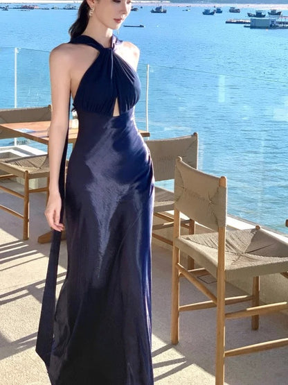 Simple Mermaid Halter Navy Blue 21st Birthday Elegant Outfit Summer Prom Formal Wedding Guest Dresses N3985