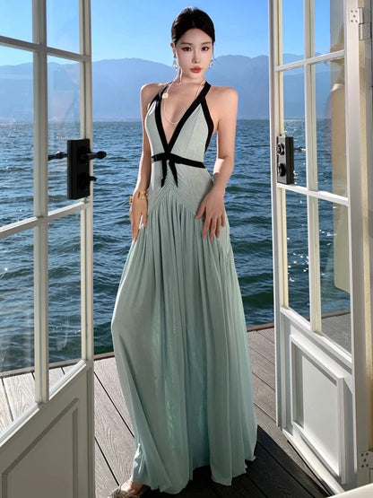 Pretty Prom Dresses Mermaid Halter Blue Chiffon Gown Formal Semi Long Formal Evening Dress N3988