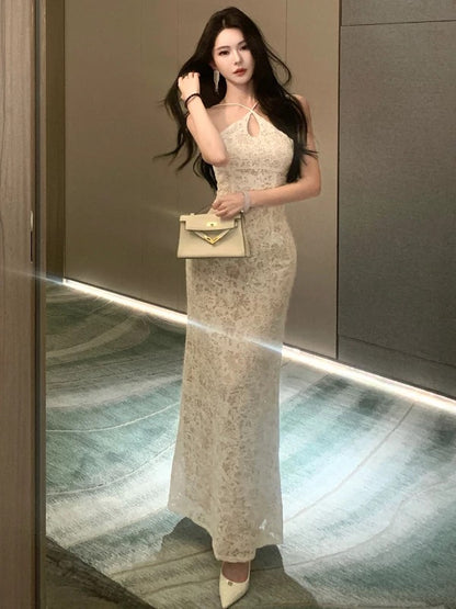 Pretty Prom Dresses Mermaid White Lace Evening Gown Formal Semi Long Formal Dress N3990
