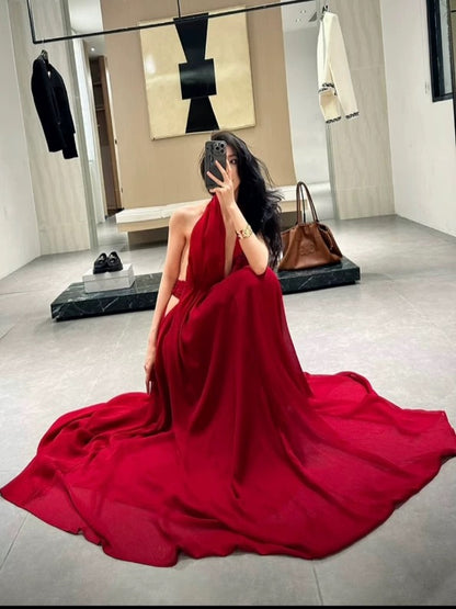 Simple Prom Dresses A line Halter Red Chiffon Backless Evening Gown Formal Semi Long Formal Dress N3992