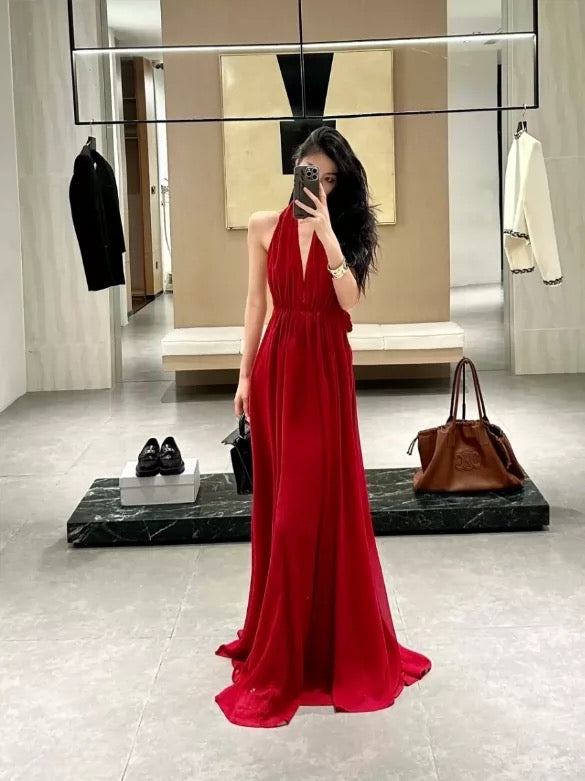 Simple Prom Dresses A line Halter Red Chiffon Backless Evening Gown Formal Semi Long Formal Dress N3992