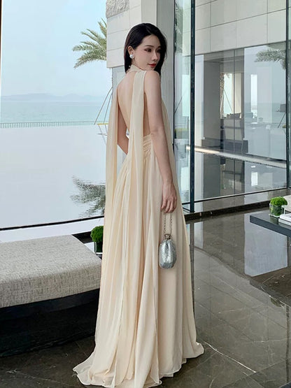 Simple Prom Dresses A line Halter Champagne Chiffon With Ribbon Evening Gown Formal Long Formal Dress N3994