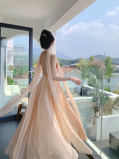 Simple Prom Dresses A line Halter Champagne Chiffon With Ribbon Evening Gown Formal Long Formal Dress N3994