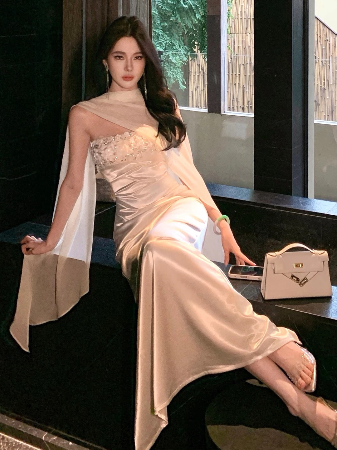 Simple Prom Dresses Sheath Strapless White Satin With Scarf Evening Gown Formal Long Formal Dress N3996
