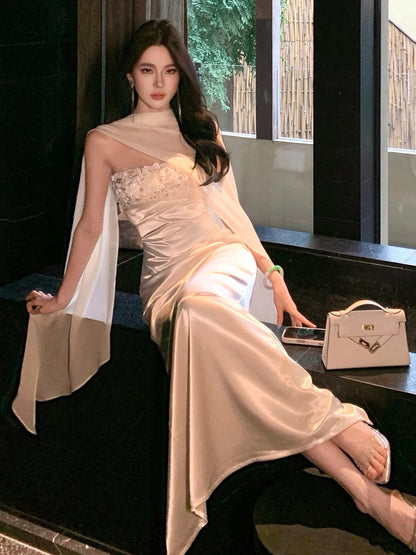 Simple Prom Dresses Sheath Strapless White Satin With Scarf Evening Gown Formal Long Formal Dress N3996