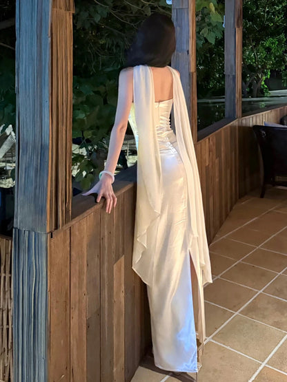 Simple Prom Dresses Sheath Strapless White Satin With Scarf Evening Gown Formal Long Formal Dress N3996