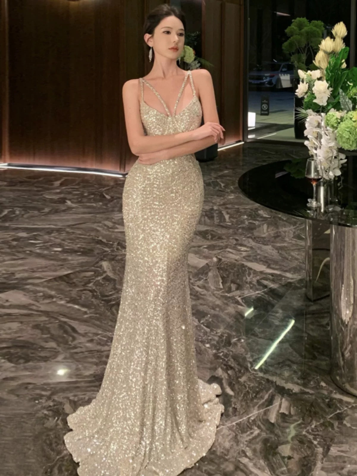 Sexy Mermaid Spaghetti Strap Sequin 21st Birthday Elegant Outfit Summer Formal Wedding Guest Dresses N3997