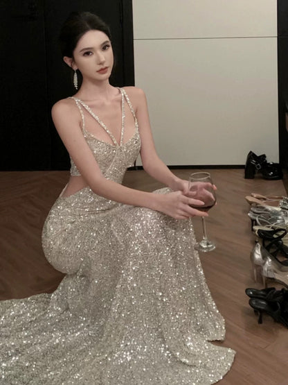 Sexy Mermaid Spaghetti Strap Sequin 21st Birthday Elegant Outfit Summer Formal Wedding Guest Dresses N3997