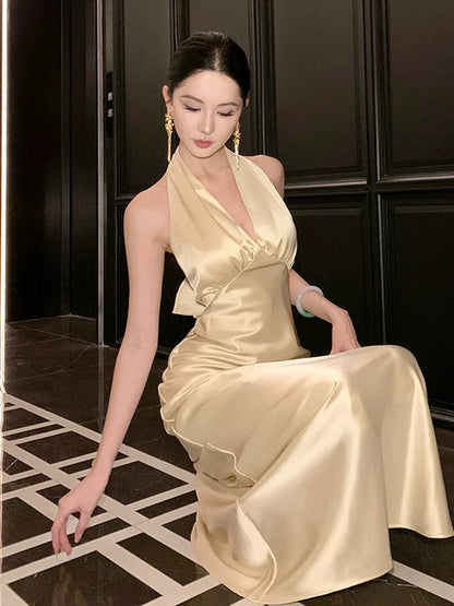 Modest Mermaid Halter Knee Length Champagne 21st Birthday Elegant Outfit Summer Formal Wedding Guest Dresses N3999