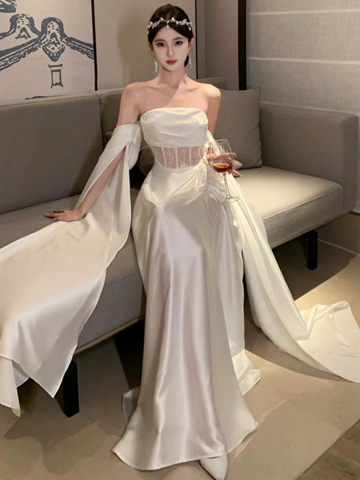 Simple Prom Dresses A Line Off The Shoulder Ivory Evening Gown Formal With Long Sleeves Formal Dress N4001