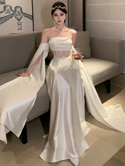 Simple Prom Dresses A Line Off The Shoulder Ivory Evening Gown Formal With Long Sleeves Formal Dress N4001