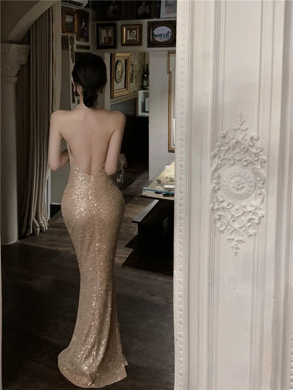 Modest Mermaid Halter Sequin Champagne 21st Birthday Elegant Outfit Summer Formal Wedding Guest Dresses N4002
