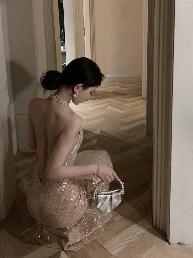 Modest Mermaid Halter Sequin Champagne 21st Birthday Elegant Outfit Summer Formal Wedding Guest Dresses N4002