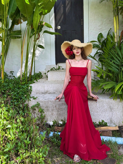 Simple Prom Dresses A Line Red Spaghetti Strap Chiffon Evening Gown Formal With Pleated Formal Dress N4005