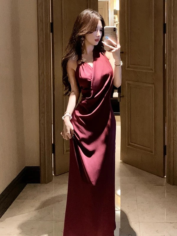 Modest Mermaid Halter Burgundy 21st Birthday Elegant Outfit Summer Formal Wedding Guest Dresses N4006