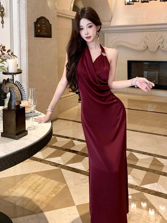 Modest Mermaid Halter Burgundy 21st Birthday Elegant Outfit Summer Formal Wedding Guest Dresses N4006