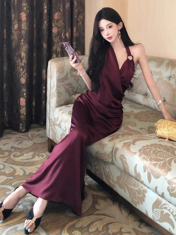 Modest Mermaid Halter Burgundy 21st Birthday Elegant Outfit Summer Formal Wedding Guest Dresses N4006
