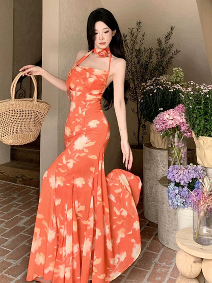 Simple Prom Dresses Mermaid Halter Orange Chiffon Evening Gown Formal Formal Dress N4009