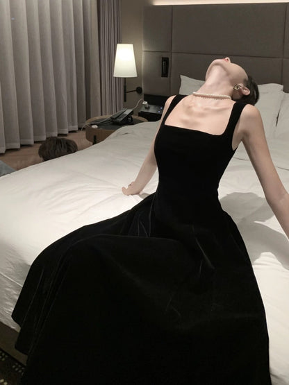 Modest A line Square Neck Black Velvet 21st Birthday Elegant Outfit Formal Wedding Guest Dresses N4010