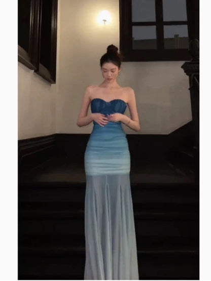 Simple Prom Dresses Mermaid Sweetheart Gradient Blue Color Chiffon Evening Gown Formal Formal Dress N4012