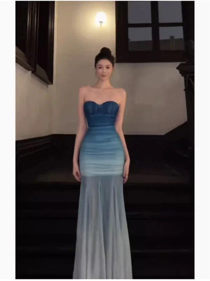 Simple Prom Dresses Mermaid Sweetheart Gradient Blue Color Chiffon Evening Gown Formal Formal Dress N4012