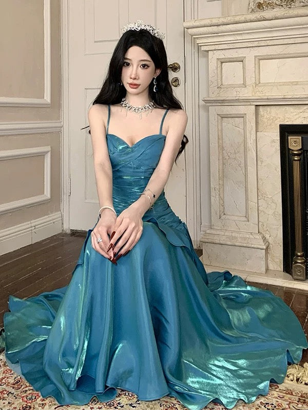 Simple Mermaid Spaghetti Strap 21st Birthday Elegant Outfit Blue Long Prom Wedding Guest Dresses N4013