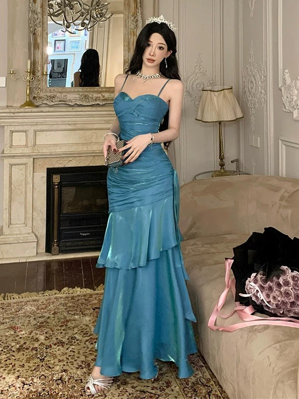 Simple Mermaid Spaghetti Strap 21st Birthday Elegant Outfit Blue Long Prom Wedding Guest Dresses N4013