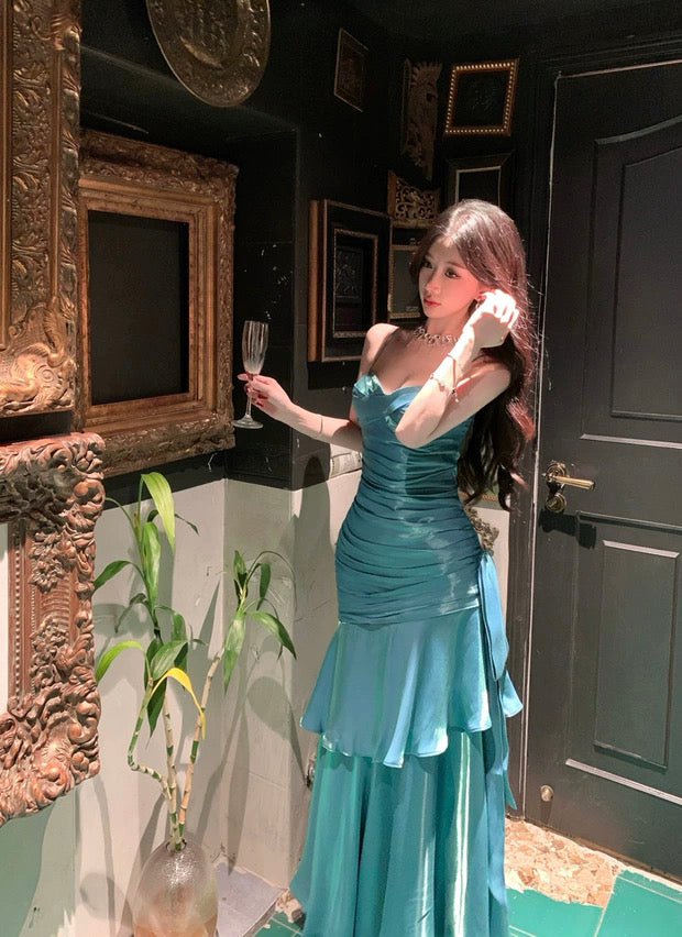 Simple Mermaid Spaghetti Strap 21st Birthday Elegant Outfit Blue Long Prom Wedding Guest Dresses N4013