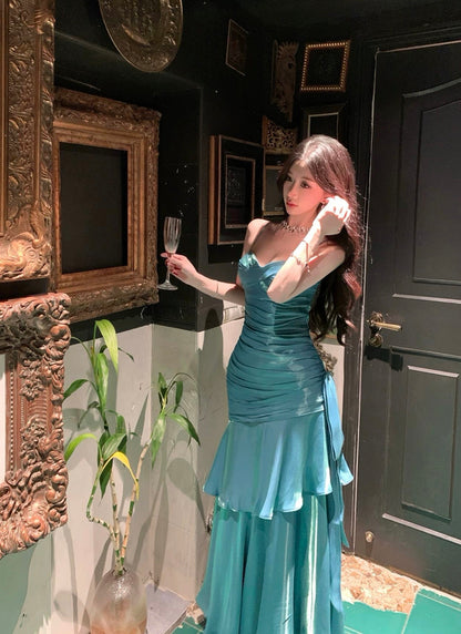 Simple Mermaid Spaghetti Strap 21st Birthday Elegant Outfit Blue Long Prom Wedding Guest Dresses N4013