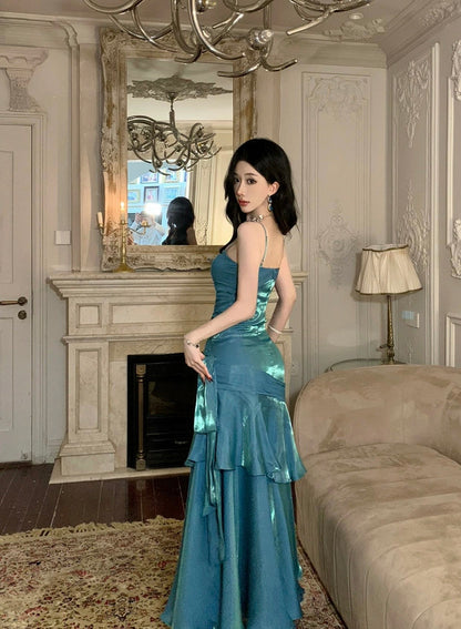 Charming Mermaid Spaghetti Strap 21st Birthday Elegant Outfit Long Prom Wedding Guest Dress N4027