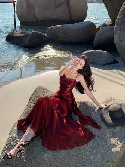 Sexy Mermaid Spaghetti Strap 21st Birthday Elegant Outfits Burgundy Long Wedding Guest Dresses N4014