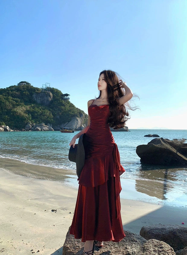 Sexy Mermaid Spaghetti Strap 21st Birthday Elegant Outfits Burgundy Long Wedding Guest Dresses N4014