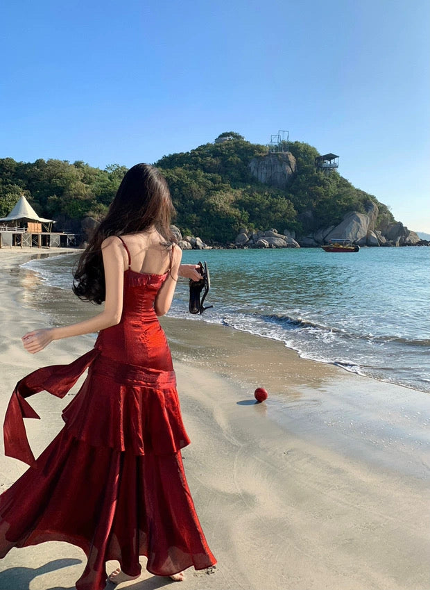 Sexy Mermaid Spaghetti Strap 21st Birthday Elegant Outfits Burgundy Long Wedding Guest Dresses N4014
