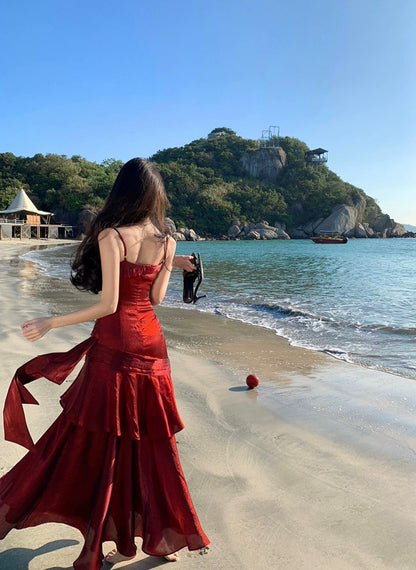 Sexy Mermaid Spaghetti Strap 21st Birthday Elegant Outfits Burgundy Long Wedding Guest Dresses N4014