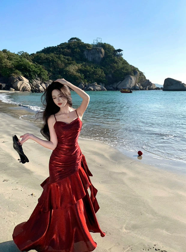 Sexy Mermaid Spaghetti Strap 21st Birthday Elegant Outfits Burgundy Long Wedding Guest Dresses N4014