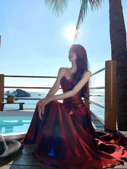 Sexy Mermaid Spaghetti Strap 21st Birthday Elegant Outfits Burgundy Long Wedding Guest Dresses N4014