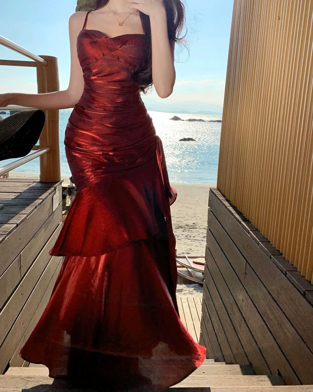 Sexy Mermaid Spaghetti Strap 21st Birthday Elegant Outfits Burgundy Long Wedding Guest Dresses N4014