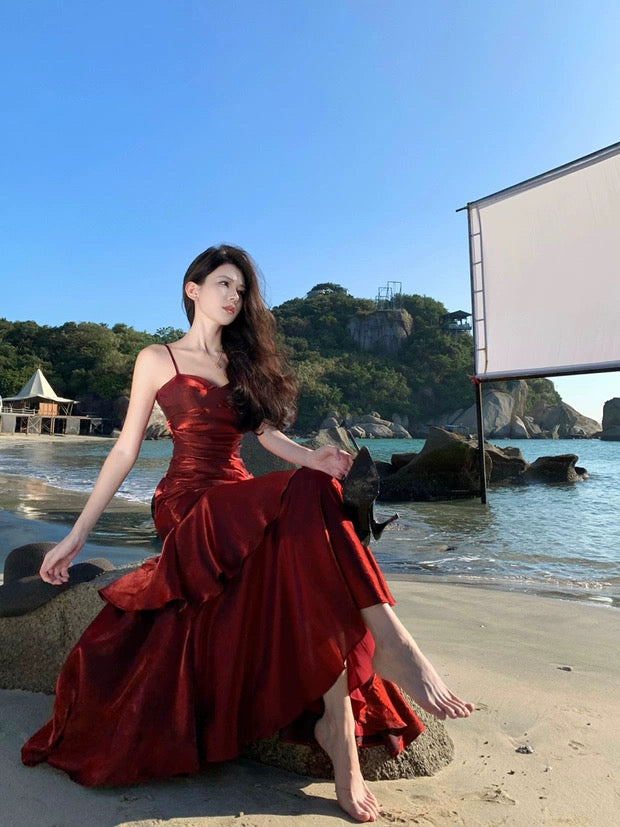Sexy Mermaid Spaghetti Strap 21st Birthday Elegant Outfits Burgundy Long Wedding Guest Dresses N4014