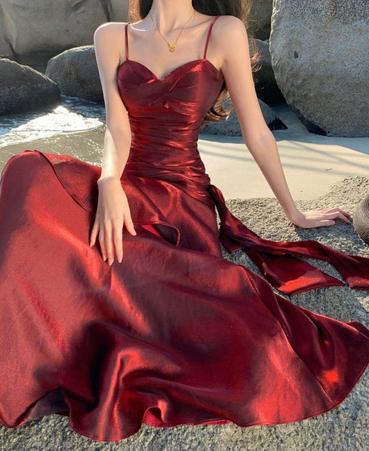 Sexy Mermaid Spaghetti Strap 21st Birthday Elegant Outfits Burgundy Long Wedding Guest Dresses N4014